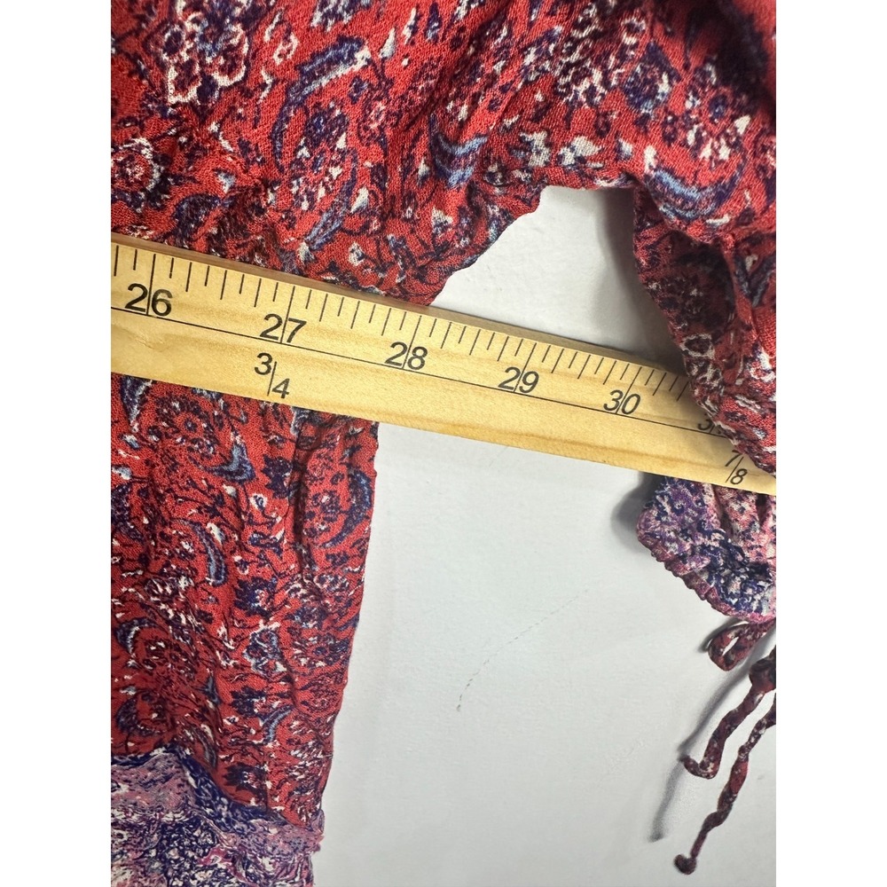 Lucky Brand Womens 3X Tapestry Henley Top Red Blue Geometric Peasant Boho Blouse - Picture 8 of 8